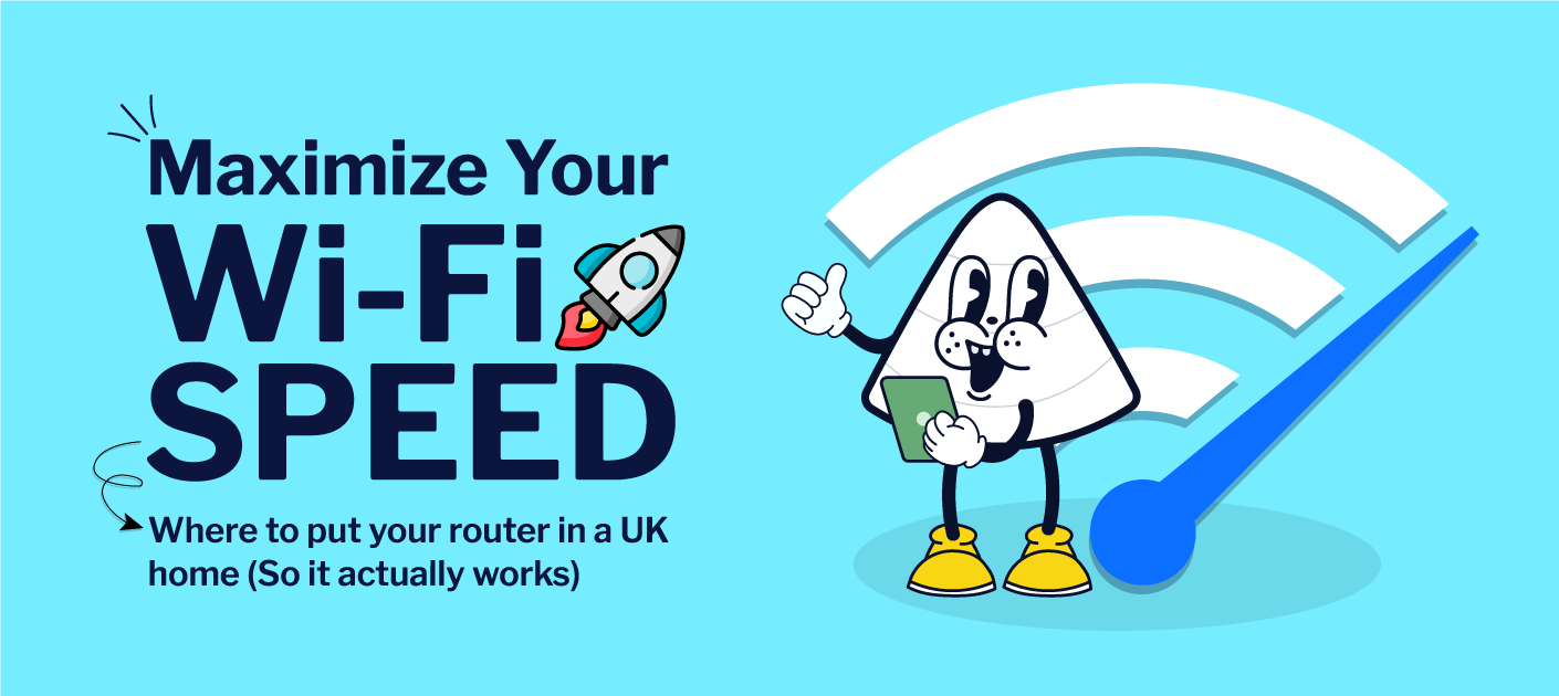 V4 mascot with tablet showing best router placement for faster Wi-Fi speeds in a UK home.