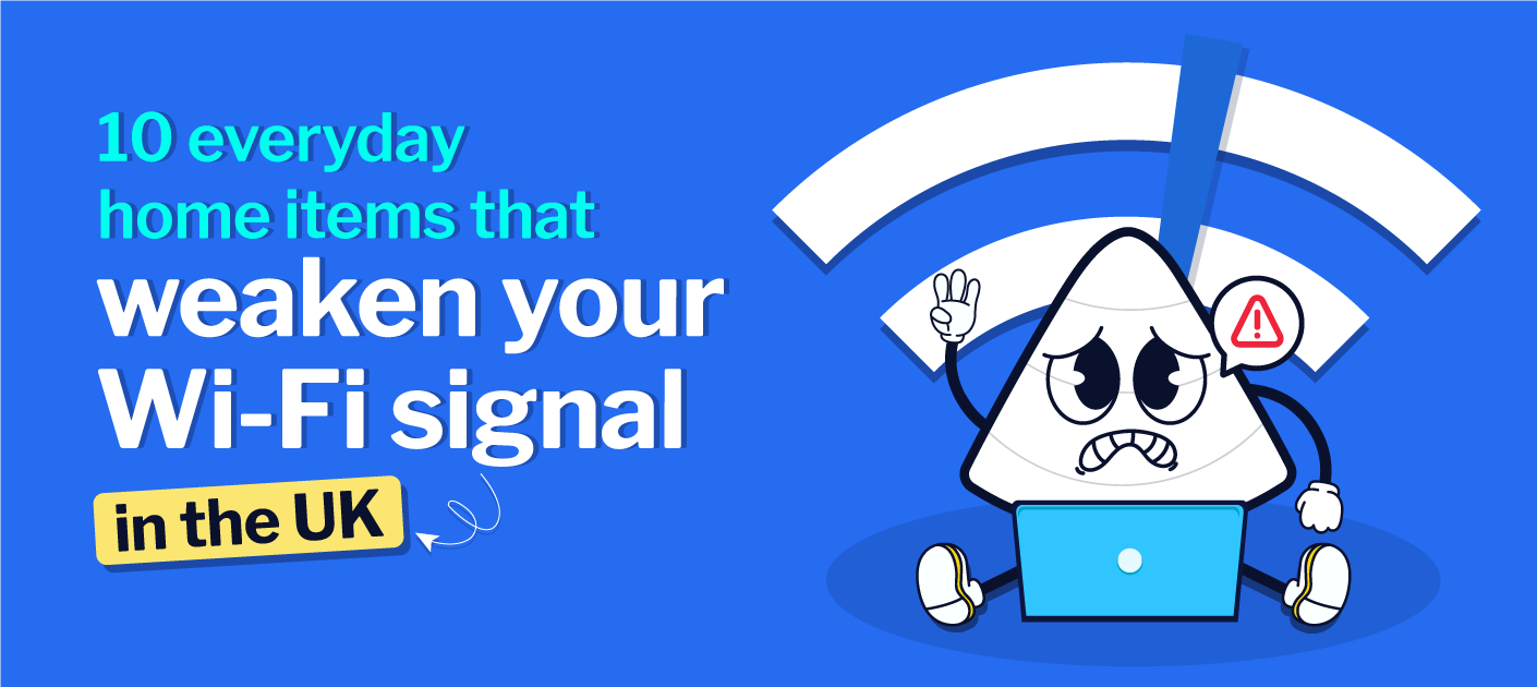 V4 mascot looking frustrated with weak Wi-Fi signal.