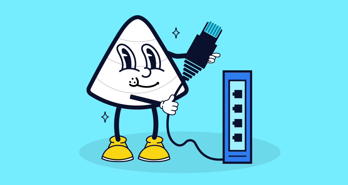 Cartoon mascot plugging ethernet cable into blue LAN port on cyan background, implying better wired broadband stability.