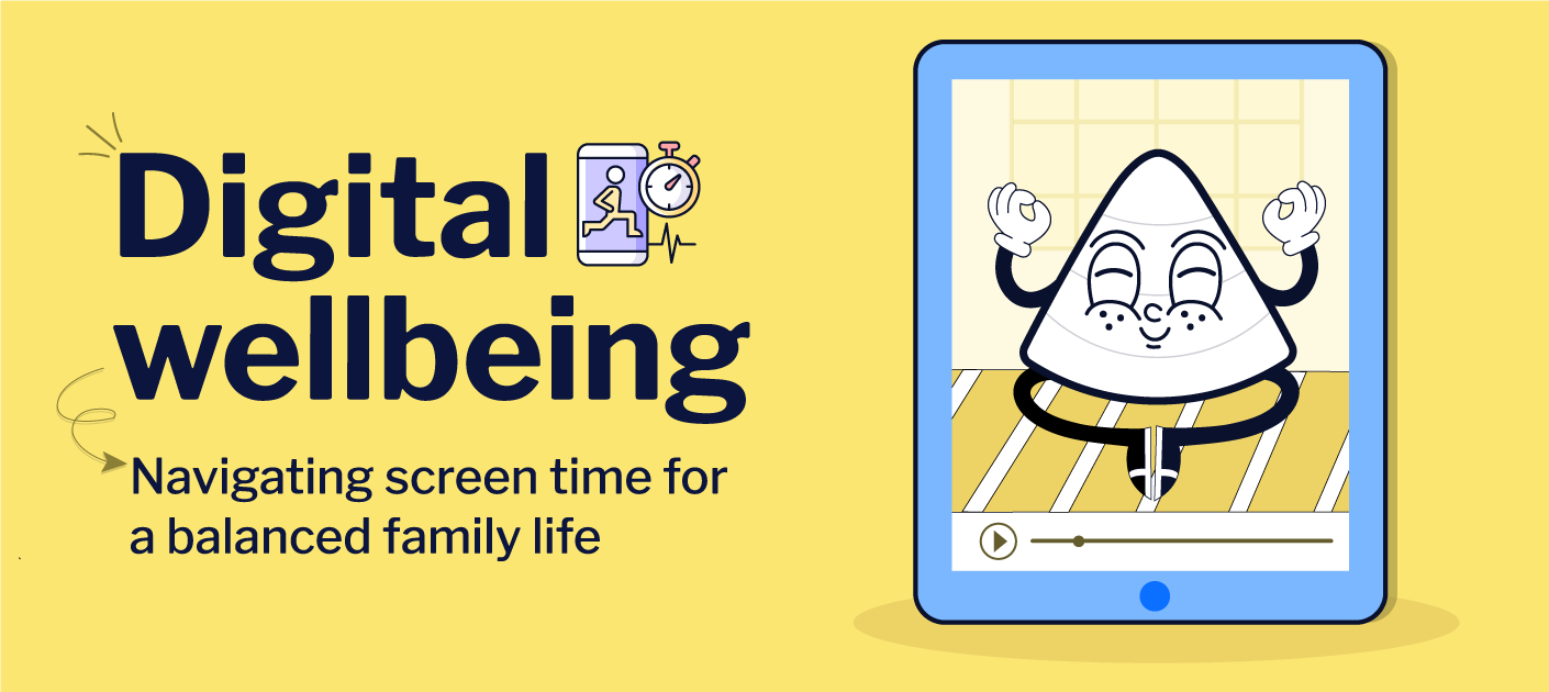 V4 character meditating on a tablet screen, promoting digital wellbeing and healthy screen time habits for balanced UK family life.