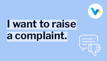 The image displays the text 'I want to raise a complaint' with the V4 logo and a thumbs-down chat icon.