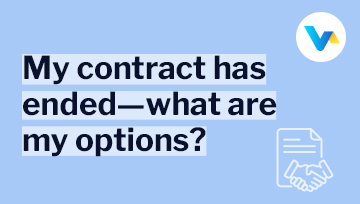My contract has ended—what are my options? text with a document and handshake icon on blue background.