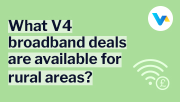 Text reads “What V4 broadband deals are available for rural areas?” with a signal icon, representing rural connectivity.