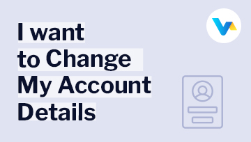 The image shows the text 'I want to change my account details' with the V4 Consumer logo and a profile icon.