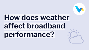 Text reads 'How does weather affect broadband performance?' with a sun and cloud icon — symbolising how weather can impact internet connectivity.