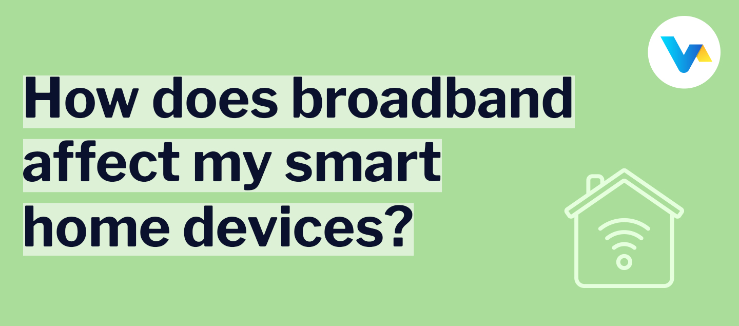 Text reads “How does broadband affect my smart home devices?” with a green smart home icon — representing Wi-Fi-powered connected living.
