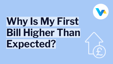 A bill icon with calculator and pound symbol, next to the headline 'Why Is My First Broadband Bill Higher Than Expected?' under V4 branding.