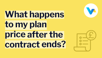 'What happens to my plan price after the contract ends?' with a yellow pricing document and pound (£) icon — representing post-contract broadband cost awareness.