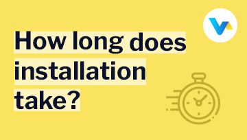Text says ‘How long does installation take?’ with a line icon of a stopwatch, representing time efficiency and speed.