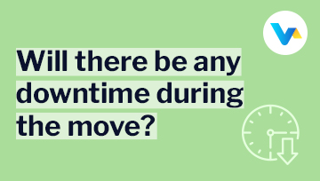 The image shows the question 'Will there be any downtime during the move?' with V4 logo and a downtime speedometer icon.