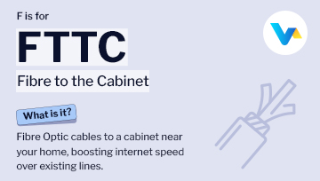 Illustration explaining FTTC as partial fibre internet with cable icon and V4 Consumer branding