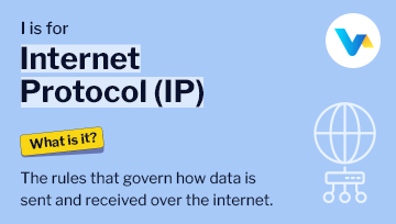 Illustration showing Internet Protocol with globe and network node icon, branded by V4