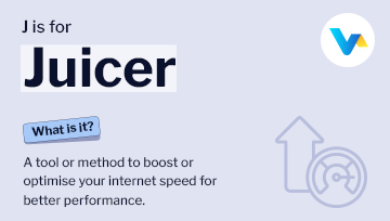 Illustration of a juicer icon with speedometer and arrow symbolising internet speed boost