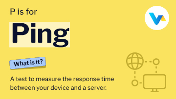 Illustration showing a Ping test measuring response time between a device and a server.
