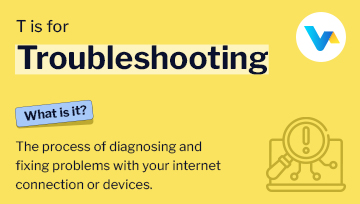  Glossary banner for troubleshooting showing a laptop and magnifying glass icon with alert symbol for internet issue diagnosis.