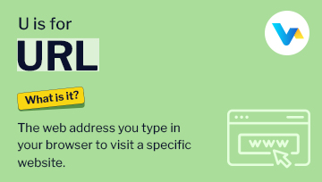  Glossary banner showing URL in bold with a browser window icon, representing a web address used to access websites.