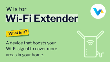 Glossary banner showing a Wi-Fi extender device boosting signal range to improve internet coverage across a home.