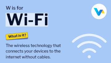 Glossary banner for Wi-Fi showing a wireless signal icon, representing wireless internet connection without cables